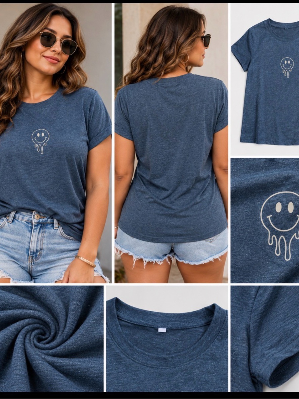 Women's Navy Smiley Drip Graphic Tee - Casual Crewneck